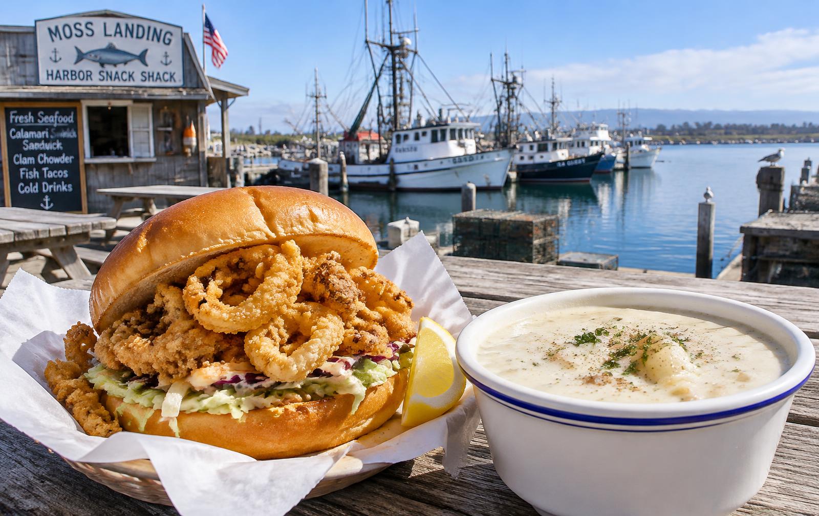 Calamari sandwich and clam chowder by the harbor